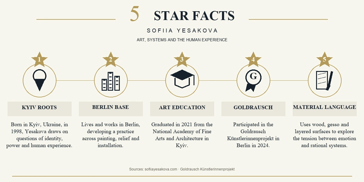 Five facts about Sofiia Yesakova: born in Kyiv in 1998; based in Berlin; graduated from NAFAA in 2021; Goldrausch participant in 2024; works with wood, gesso and installation.